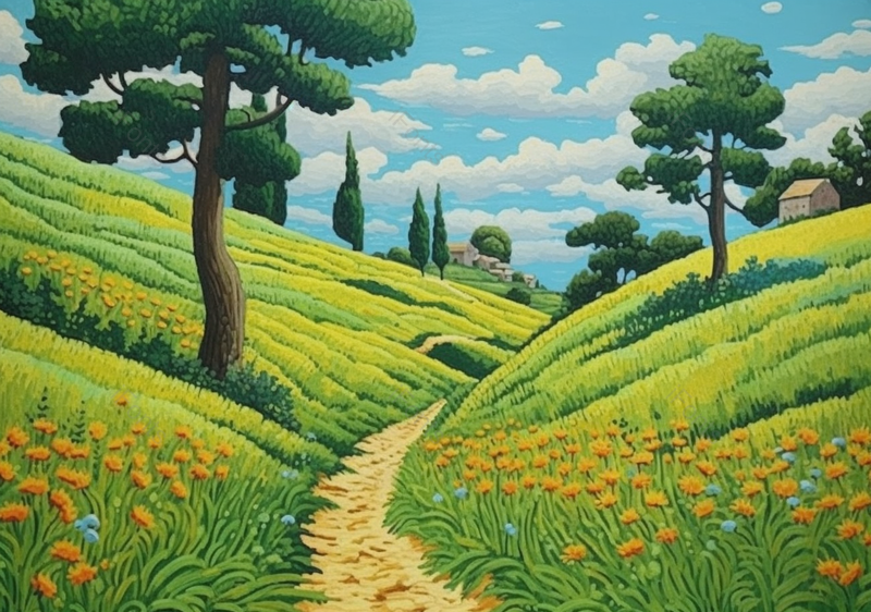 绿树农田路边野花手绘风景画,插画/手绘图,插画/手绘图库,插画/手绘图下载,插画/手绘